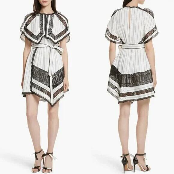 SELF-PORTRAIT Monochrome Striped Crepe Handkerchief Mini Dress White Lace US 6 - Picture 2 of 11